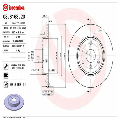 Brembo OE Brembo 08-16 Smart Fortwo Front Premium UV Coated OE Equivalent Rotor 08.8163.21