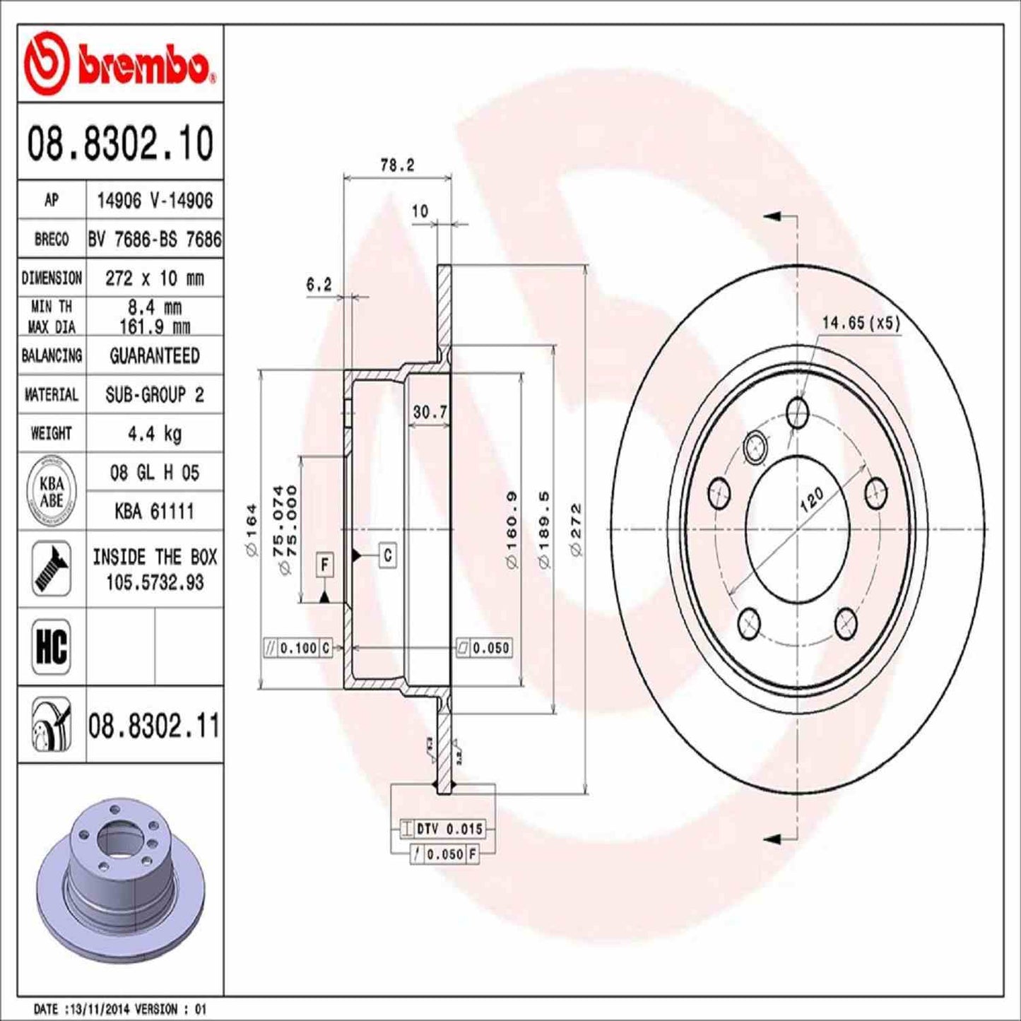 Brembo OE Brembo 95-99 BMW 318ti Rear Premium UV Coated OE Equivalent Rotor 08.8302.11