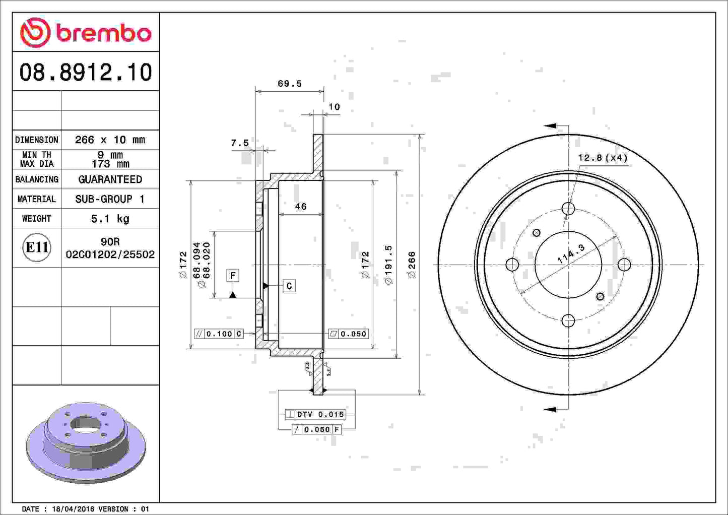 Brembo OE Brembo 90-92 Infiniti M30 Rear Premium OE Equivalent Rotor 08.8912.10