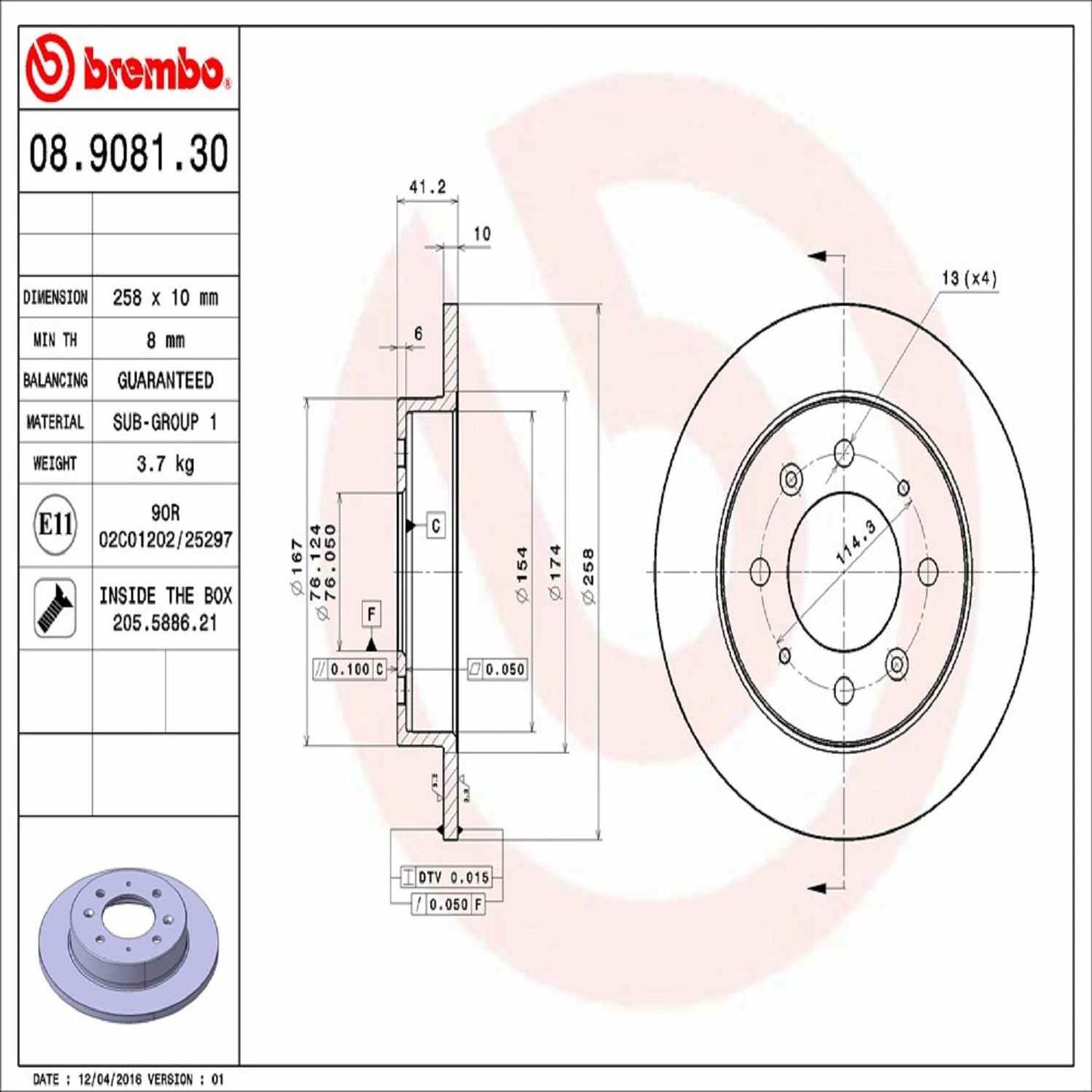 Brembo OE Brembo 04-09 Kia Spectra/05-09 Spectra5 Rear Premium OE Equivalent Rotor 08.9081.30