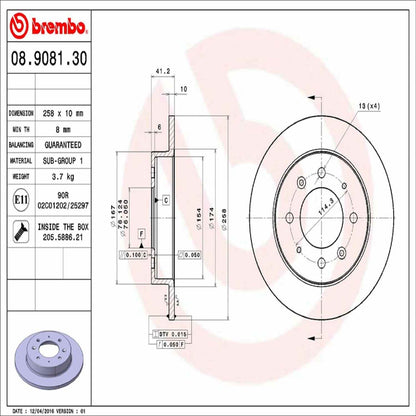 Brembo OE Brembo 04-09 Kia Spectra/05-09 Spectra5 Rear Premium OE Equivalent Rotor 08.9081.30