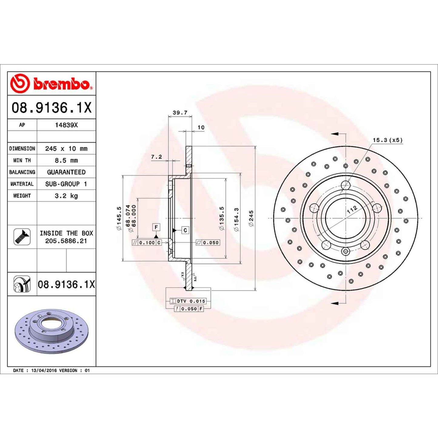 Brembo Disc Brake Rotor 08.9136.1X