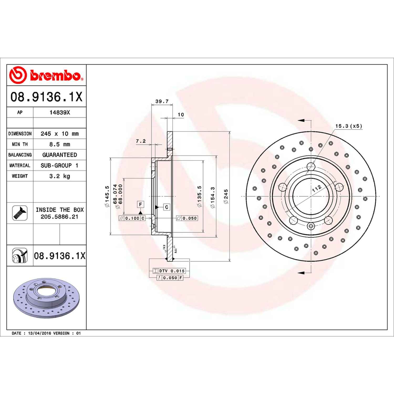 Brembo Disc Brake Rotor 08.9136.1X