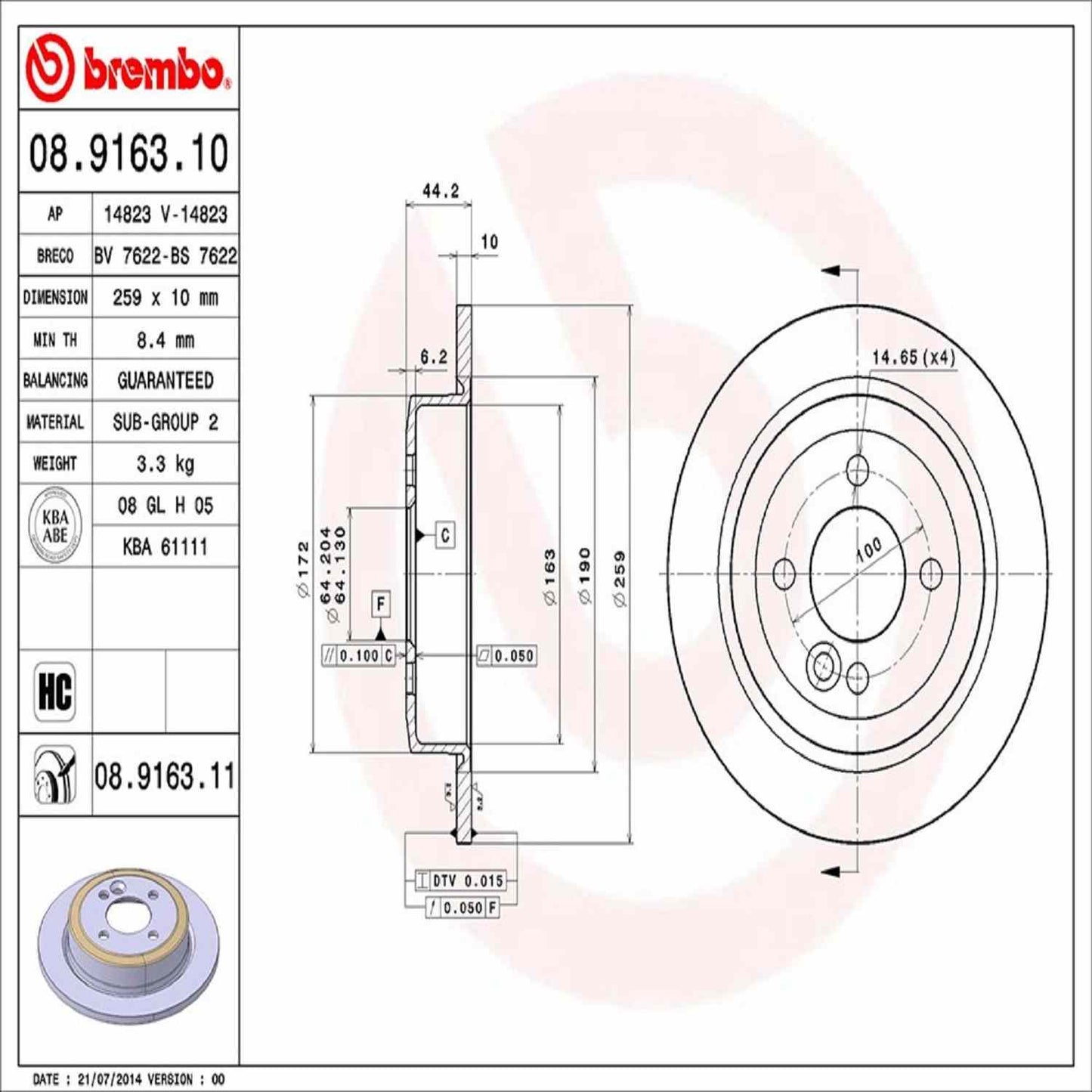 Brembo Disc Brake Rotor 08.9163.11
