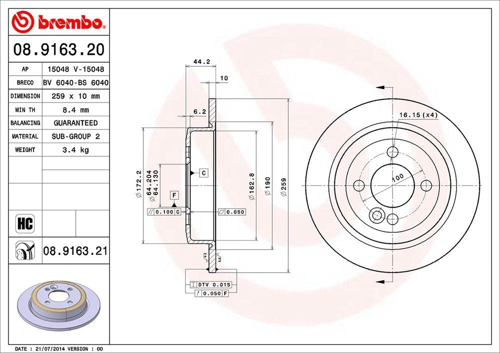 Brembo OE Brembo 07-15 Mini Cooper Rear Premium UV Coated OE Equivalent Rotor 08.9163.21