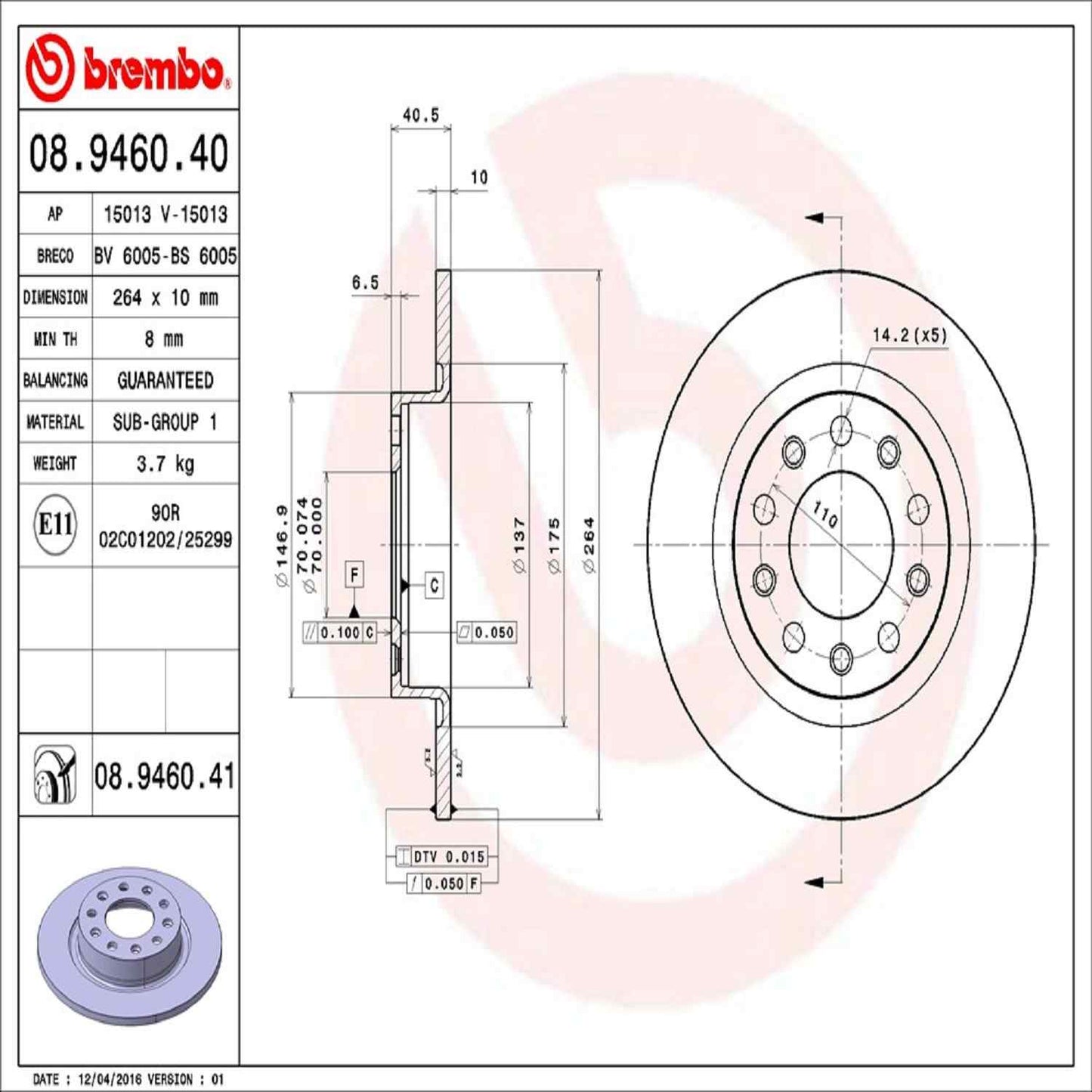 Brembo OE Brembo 13-16 Dodge Dart Rear Premium UV Coated OE Equivalent Rotor 08.9460.41