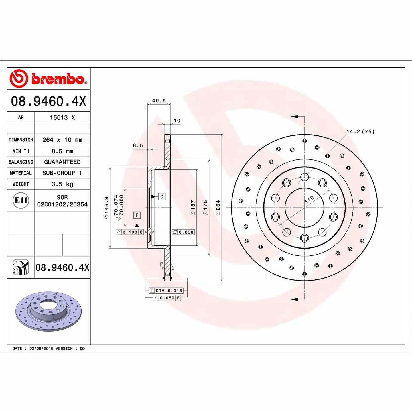 Brembo OE Brembo 13-16 Dodge Dart Rear Premium Xtra Cross Drilled UV Coated Rotor 08.9460.4X
