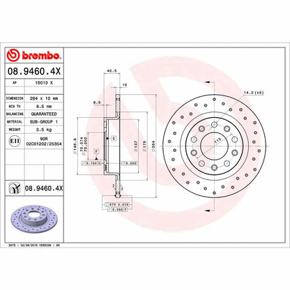 Brembo OE Brembo 13-16 Dodge Dart Rear Premium Xtra Cross Drilled UV Coated Rotor 08.9460.4X