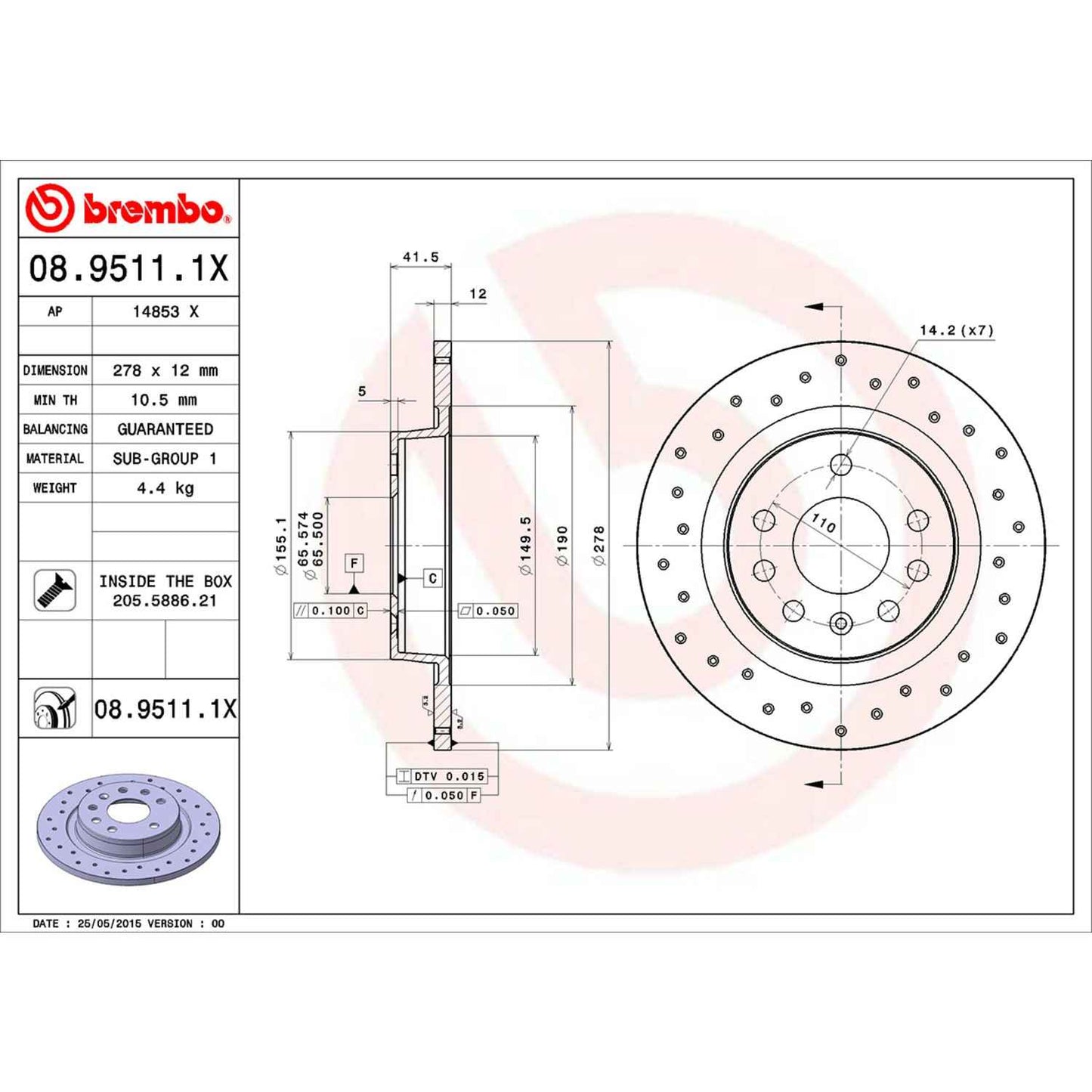 Brembo OE Brembo 03-11 Saab 9-3 Rear Premium Xtra Cross Drilled UV Coated Rotor 08.9511.1X