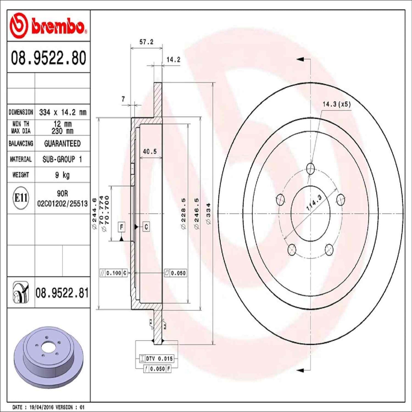 Brembo OE Brembo 03-11 Lincoln Town Car Rear Premium UV Coated OE Equivalent Rotor 08.9522.81