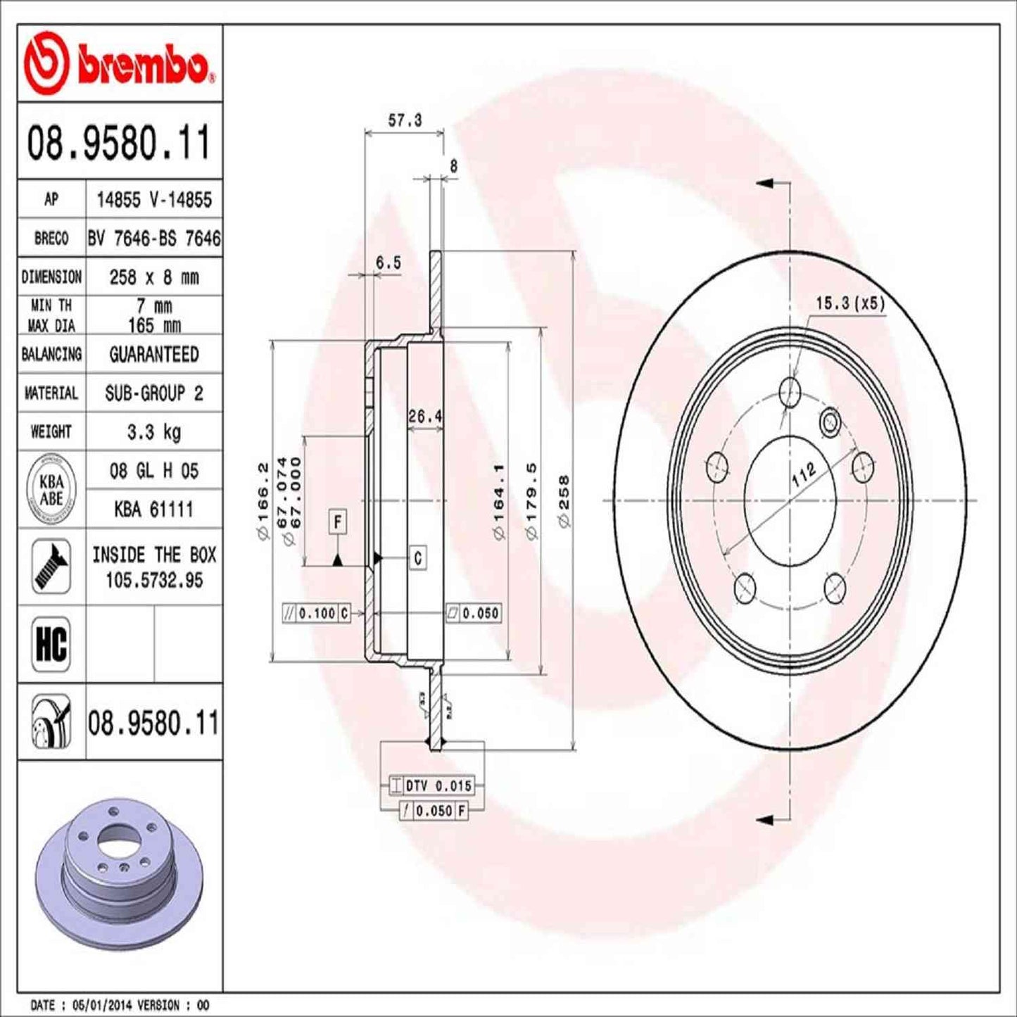 Brembo OE Brembo 2011 Mercedes-Benz B200 Rear Premium UV Coated OE Equivalent Rotor 08.9580.11