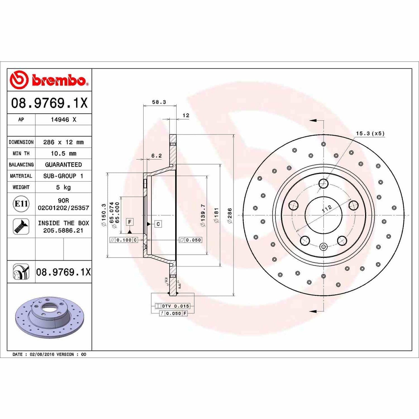 Brembo OE Brembo 08-09 Audi TT/09-15 TT Quattro Rear Premium Xtra Cross Drilled UV Coated Rotor 08.9769.1X