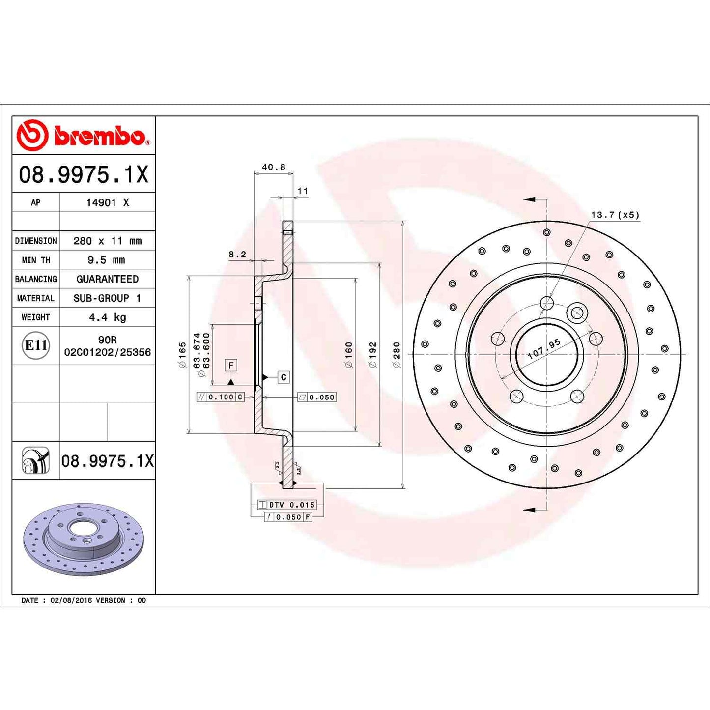 Brembo OE Brembo 08-13 Volvo C30/06-13 C70/04-11 S40/05-11 V50 Rear Premium Xtra Cross Drilled UV Coated Rotor 08.9975.1X