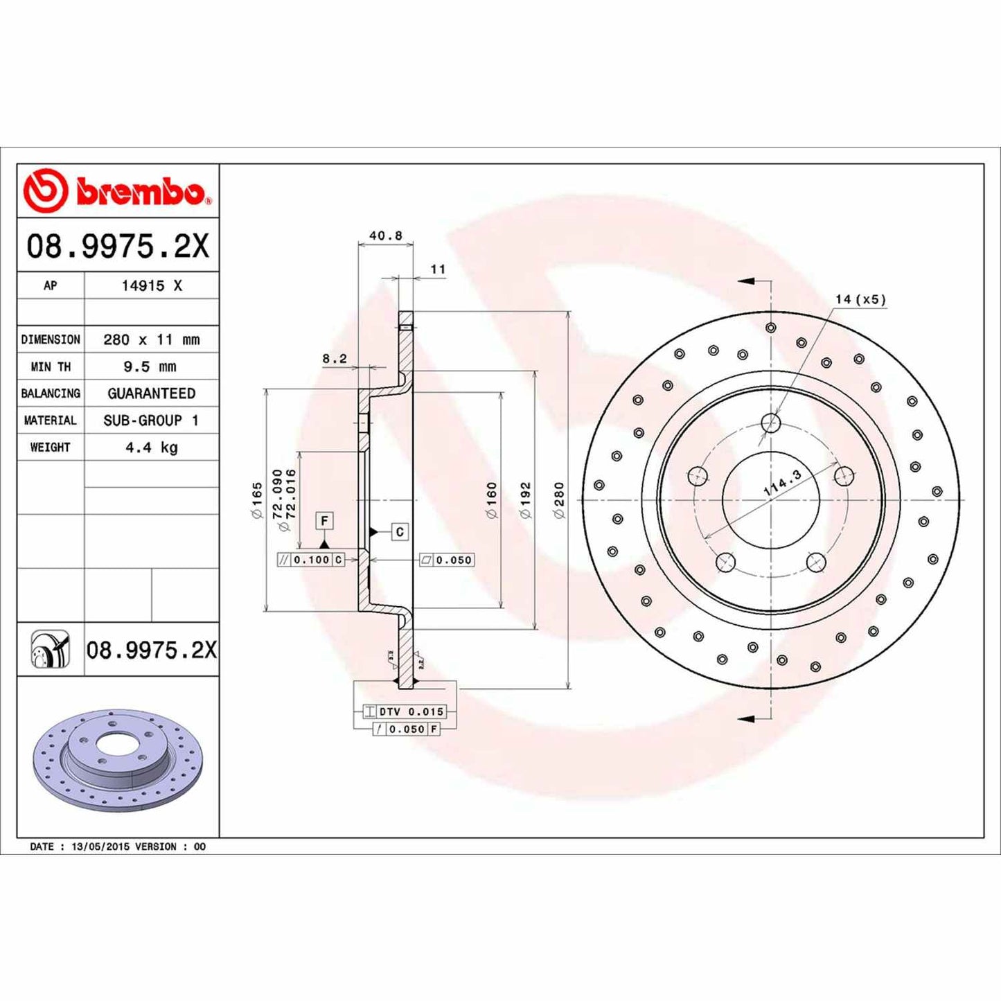 Brembo OE Brembo 04-13 Mazda 3 Rear Premium Xtra Cross Drilled UV Coated Rotor 08.9975.2X