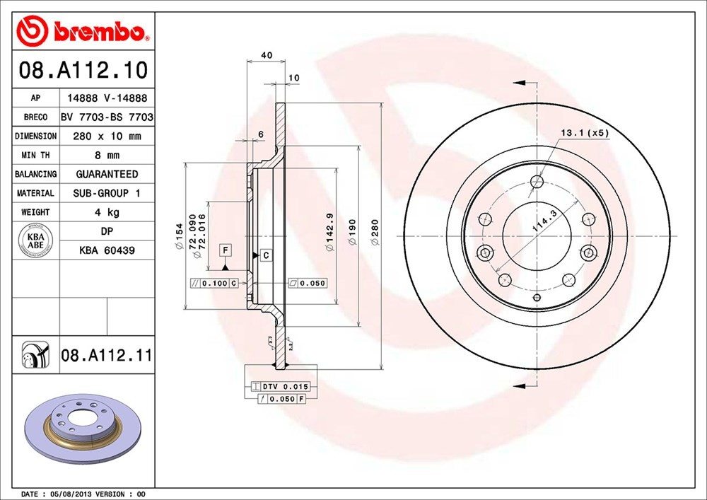 Brembo OE Brembo 06-15 Mazda MX-5 Miata/2003 Protege Rear Premium UV Coated OE Equivalent Rotor 08.A112.11