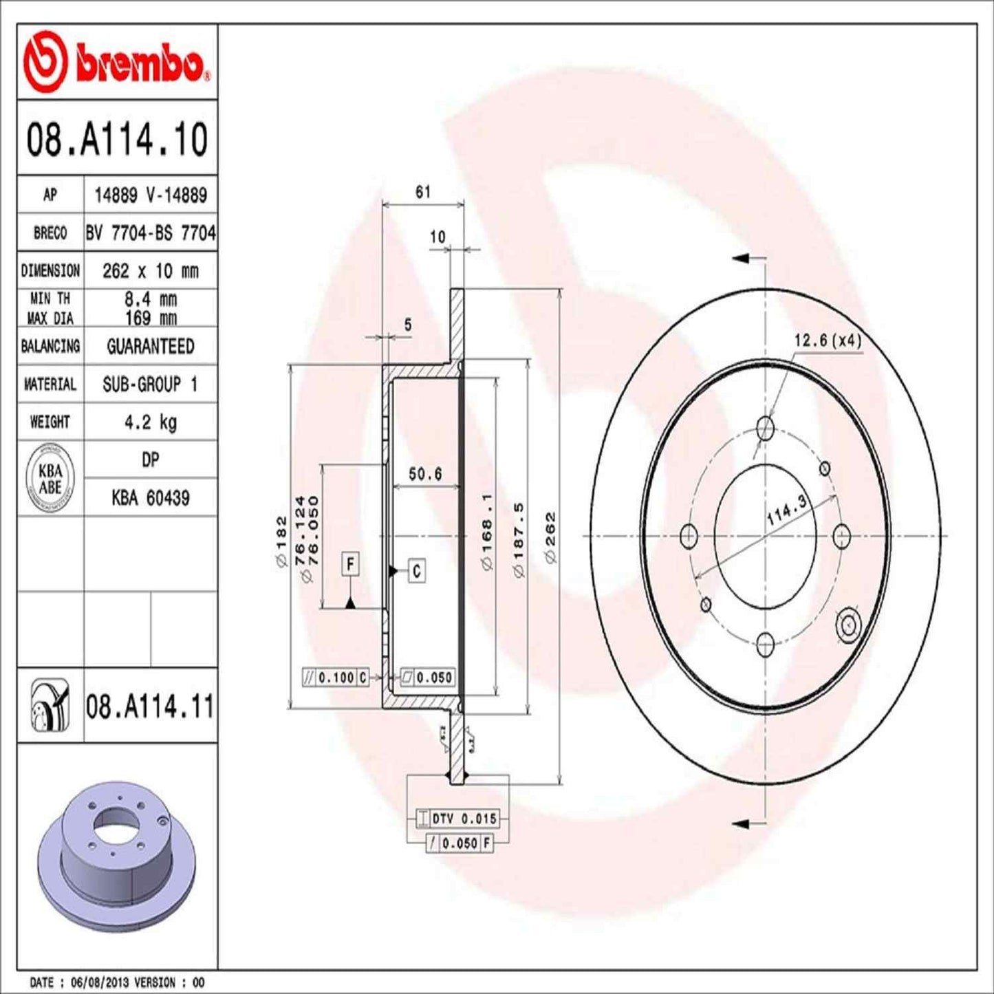 Brembo OE Brembo 99-05 Hyundai Sonata/01-06 Kia Optima Rear Premium UV Coated OE Equivalent Rotor 08.A114.11