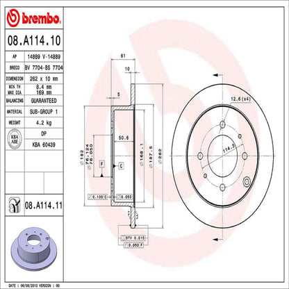 Brembo OE Brembo 99-05 Hyundai Sonata/01-06 Kia Optima Rear Premium UV Coated OE Equivalent Rotor 08.A114.11