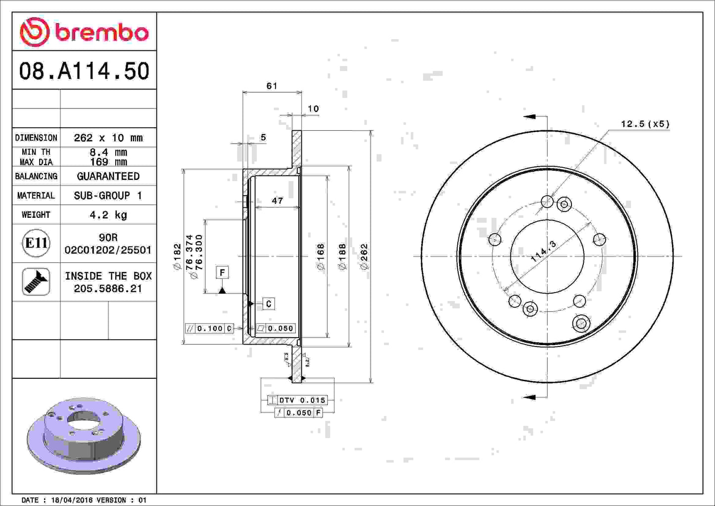 Brembo OE Brembo 09-10 Kia Optima Rear Premium OE Equivalent Rotor 08.A114.50