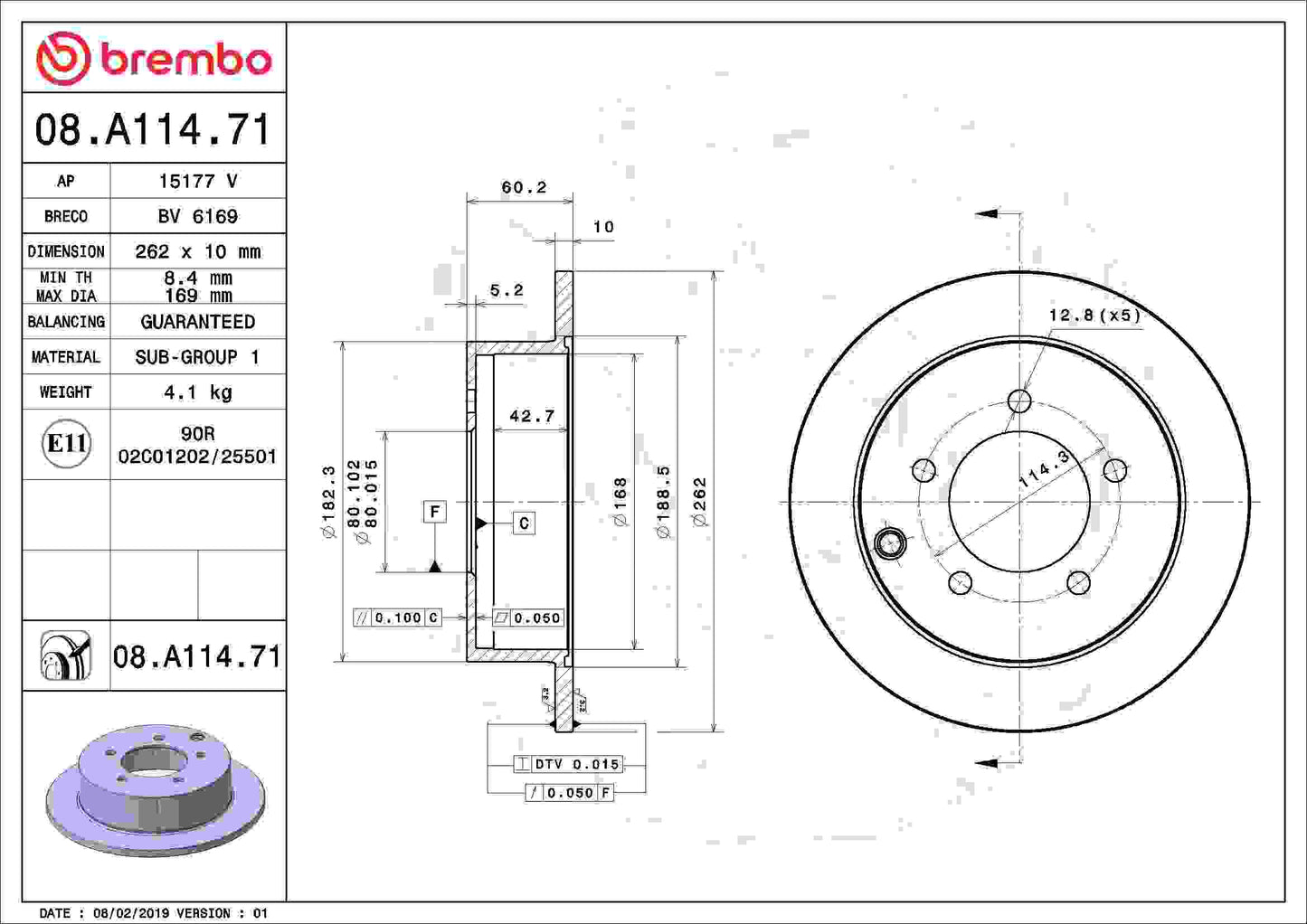 Brembo OE Brembo 08-11 Mitsubishi Lancer Rear Premium UV Coated OE Equivalent Rotor 08.A114.71