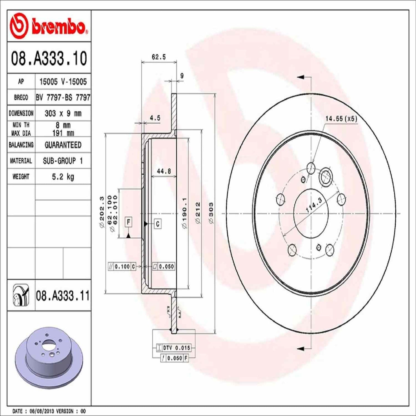 Brembo OE Brembo 04-05 Toyota RAV4 Rear Premium UV Coated OE Equivalent Rotor 08.A333.11