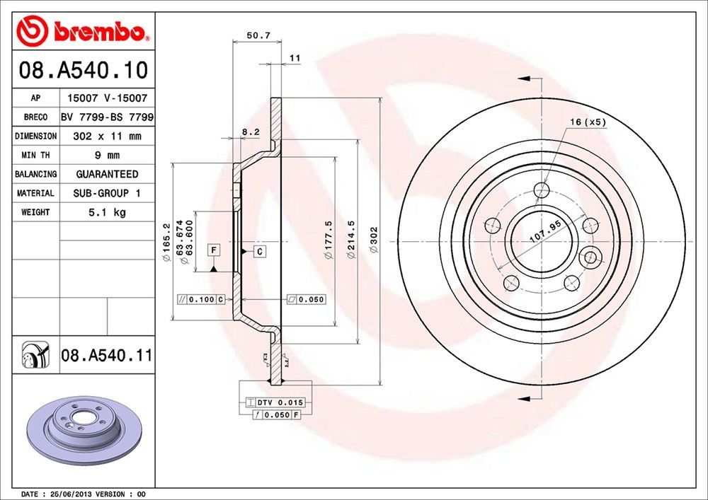 Brembo OE Brembo 12-15 Land Rover Range Rover Evoque Rear Premium UV Coated OE Equivalent Rotor 08.A540.11