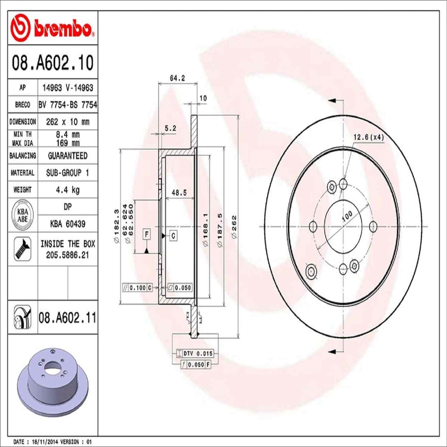 Brembo OE Brembo 06-07 Hyundai Accent/Kia Rio/Rio5 Rear Premium UV Coated OE Equivalent Rotor 08.A602.11
