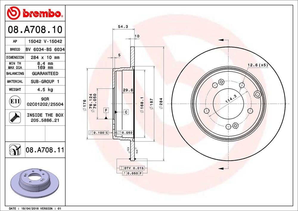 Brembo OE Brembo 10-17 Hyundai Azera/06-07 Sonata/11-19 Sonata Rear Premium UV Coated OE Equivalent Rotor 08.A708.11