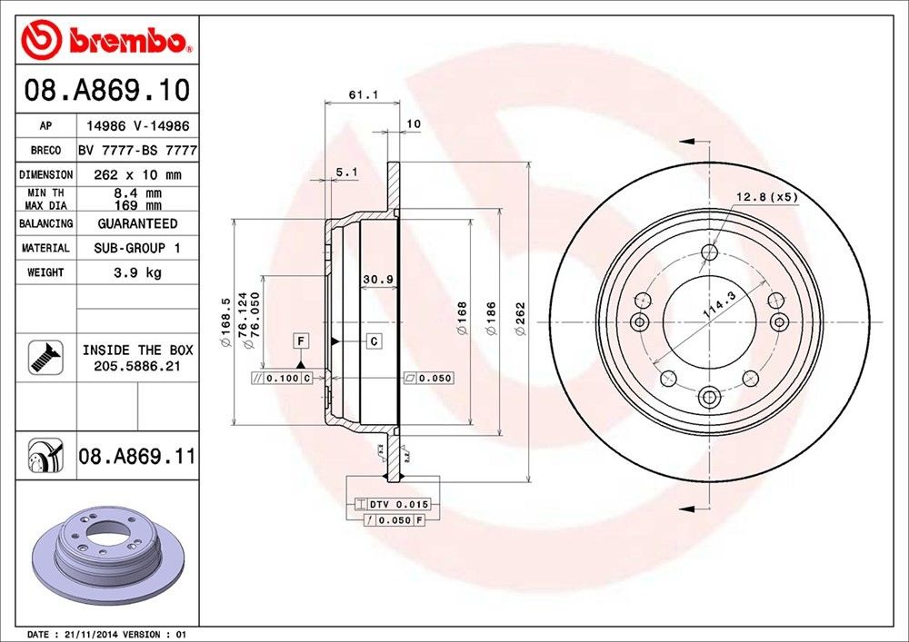 Brembo OE Brembo 09-12 Hyundai Elantra/10-15 Tucson/11-16 Sportage Rear Premium UV Coated OE Equivalent Rotor 08.A869.11