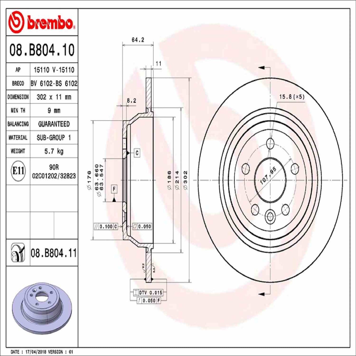 Brembo OE Brembo 13-15 Land Rover LR2 Rear Premium UV Coated OE Equivalent Rotor 08.B804.11