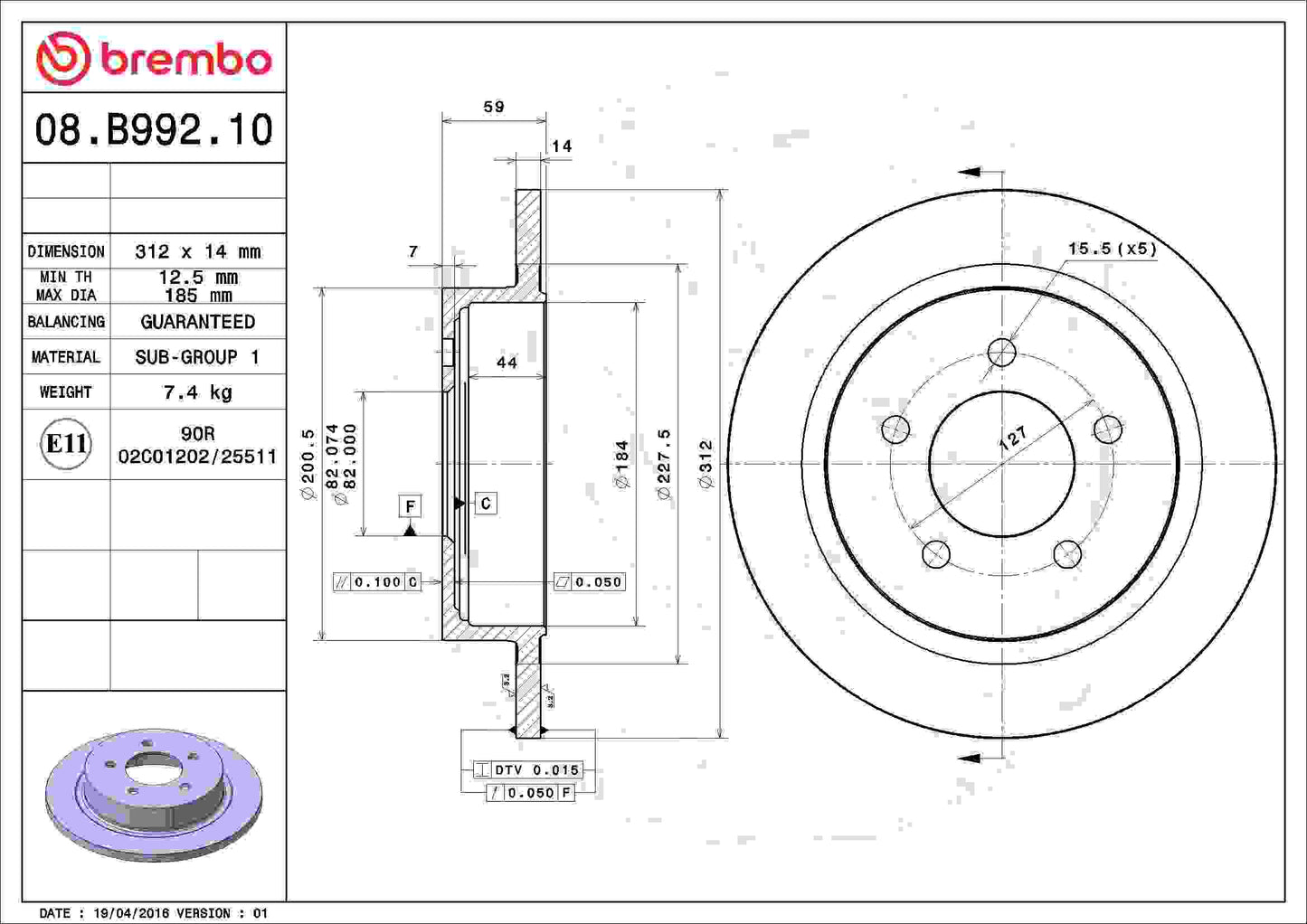 Brembo OE Brembo 07-08 Chrysler Pacifica Rear Premium OE Equivalent Rotor 08.B992.10
