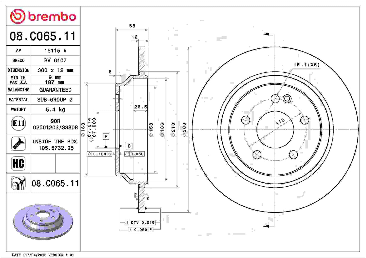 Brembo OE Brembo 16-18 Mercedes-Benz Metris Rear Premium UV Coated OE Equivalent Rotor 08.C065.11