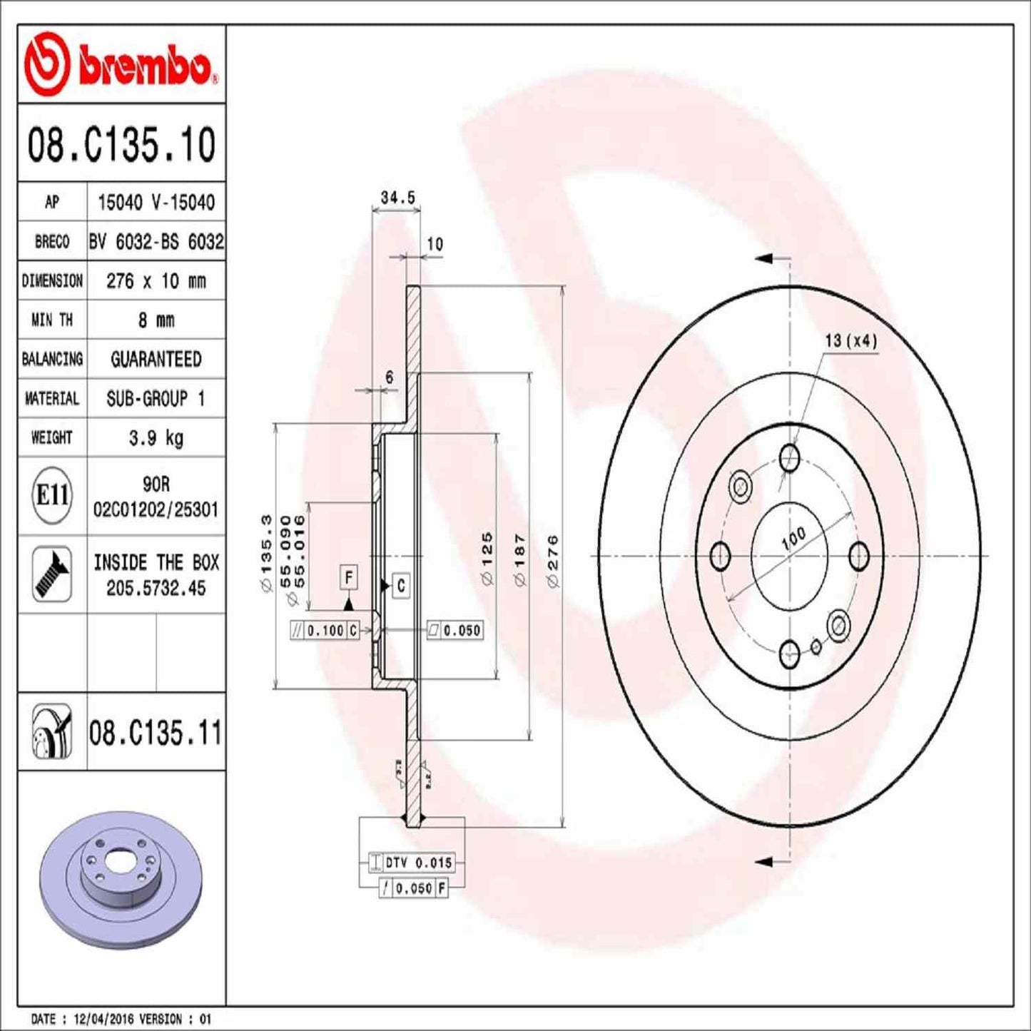 Brembo OE Brembo 01-05 Mazda Miata Rear Premium UV Coated OE Equivalent Rotor 08.C135.11