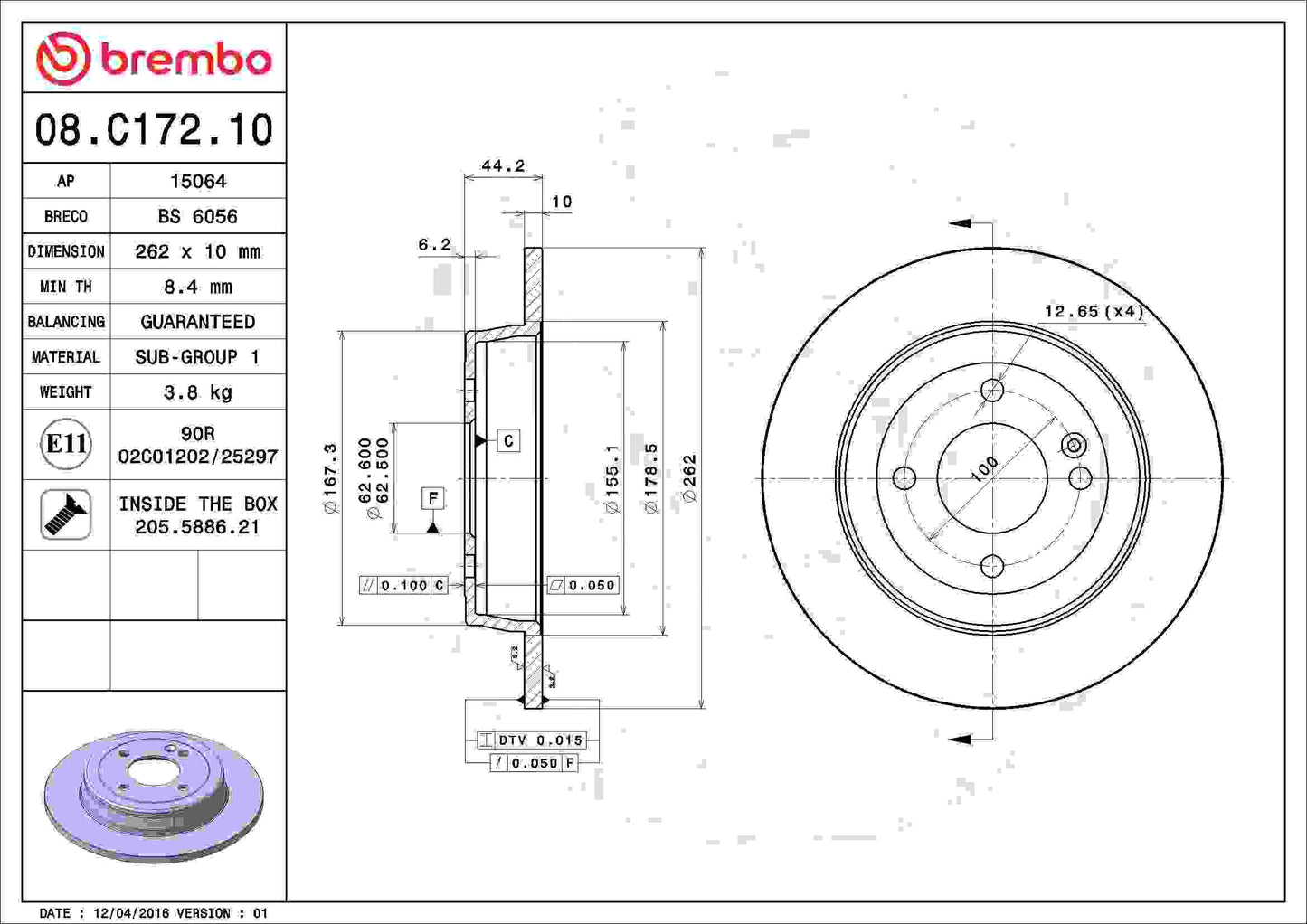Brembo OE Brembo 12-20 Hyundai Accent/12-18 Kia Rio Rear Premium OE Equivalent Rotor 08.C172.10