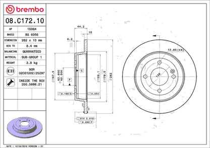 Brembo OE Brembo 12-20 Hyundai Accent/12-18 Kia Rio Rear Premium OE Equivalent Rotor 08.C172.10