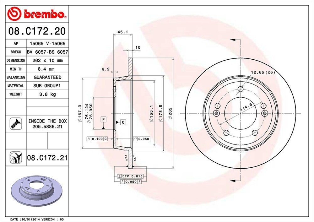 Brembo OE Brembo 11-19 Hyundai Elantra/13-14 Elantra Coupe Rear Premium UV Coated OE Equivalent Rotor 08.C172.21