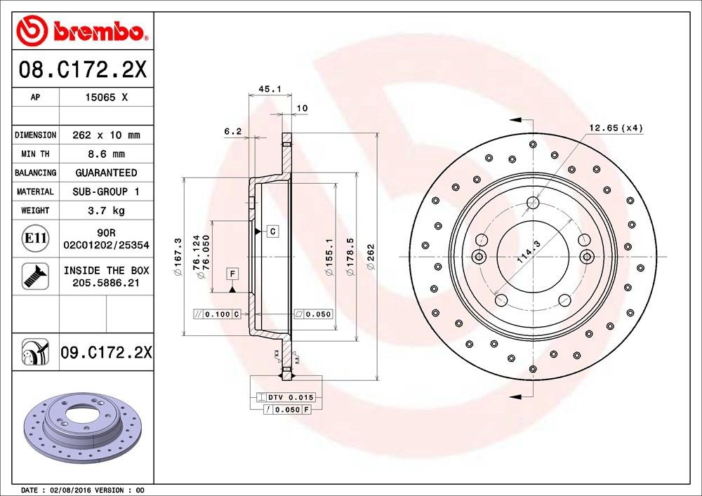 Brembo OE Brembo 11-20 Hyundai Elantra/13-14 Elantra Coupe Rear Premium Xtra Cross Drilled UV Coated Rotor 08.C172.2X