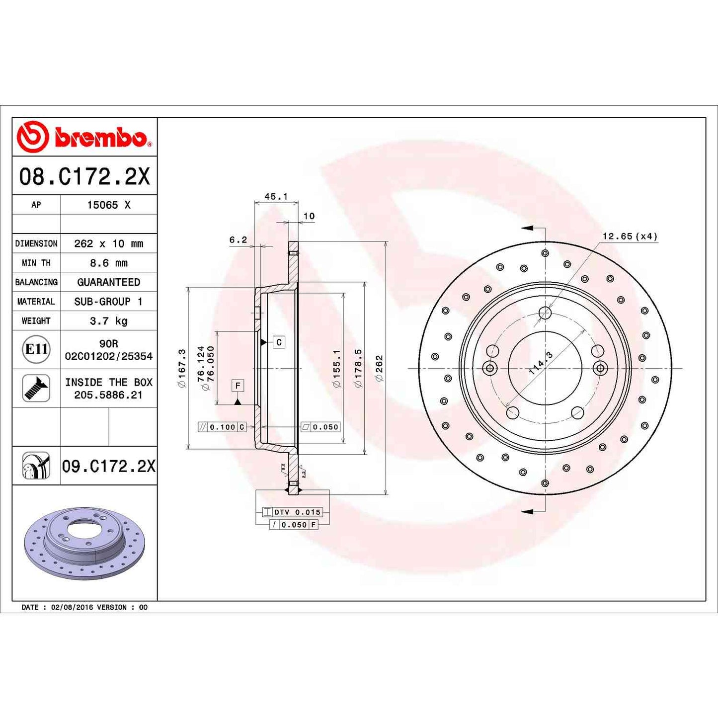 Brembo OE Brembo 11-20 Hyundai Elantra/13-14 Elantra Coupe Rear Premium Xtra Cross Drilled UV Coated Rotor 08.C172.2X