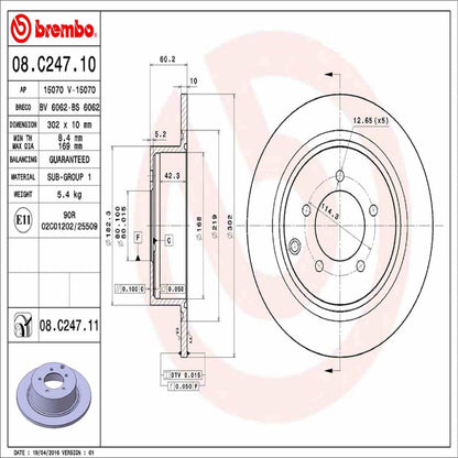 Brembo OE Brembo 11-14 Chrysler 200/08-13 Dodge Avenger Rear Premium UV Coated OE Equivalent Rotor 08.C247.11