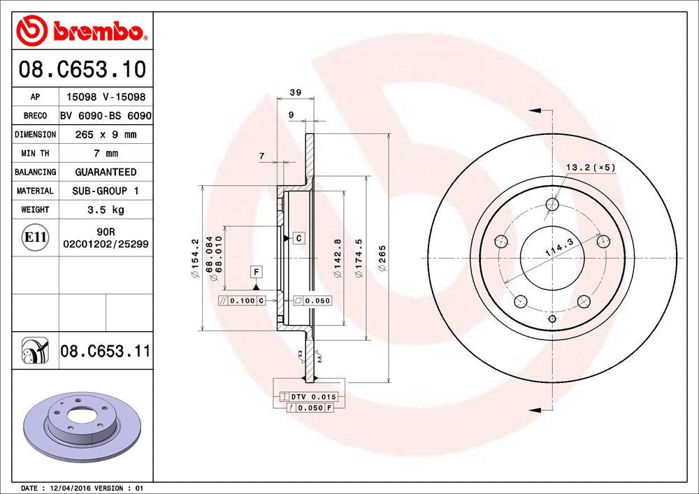 Brembo OE Brembo 14-18 Mazda 3 Rear Premium UV Coated OE Equivalent Rotor 08.C653.11