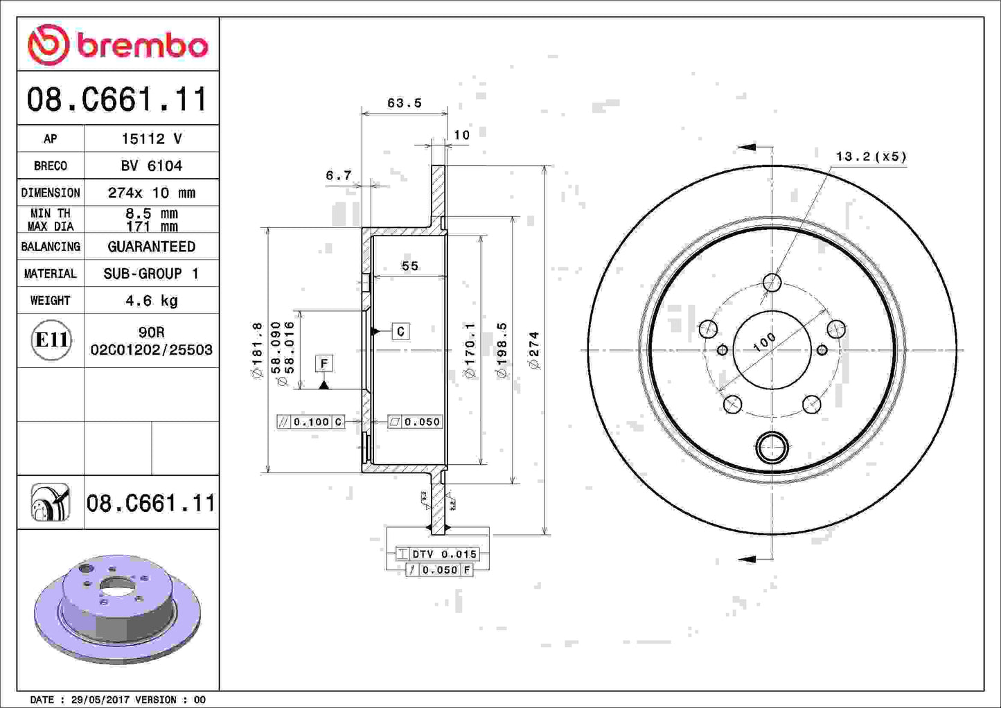 Brembo OE Brembo 16-18 Crosstrek/14-18 Forester/12-18 Impreza Rear Premium UV Coated OE Equivalent Rotor 08.C661.11