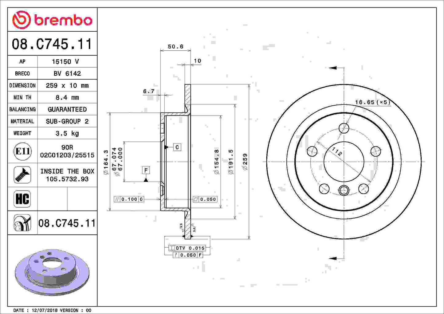 Brembo OE Brembo 14-21 Mini Cooper 2021-2014 Rear Premium UV Coated OE Equivalent Rotor 08.C745.11