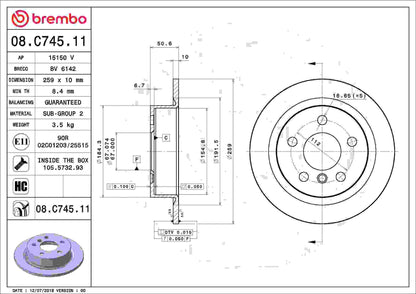 Brembo OE Brembo 14-21 Mini Cooper 2021-2014 Rear Premium UV Coated OE Equivalent Rotor 08.C745.11