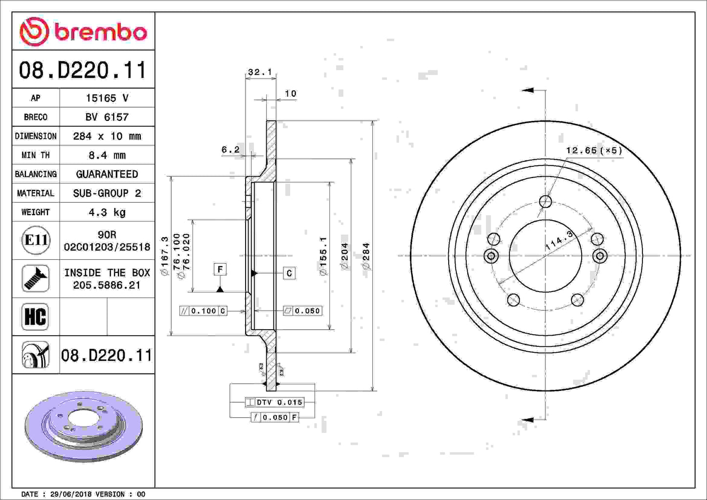 Brembo OE Brembo 16-17 Hyundai Azera/18-20 Elantra GT/13-19 Optima Rear Premium UV Coated OE Equivalent Rotor 08.D220.11
