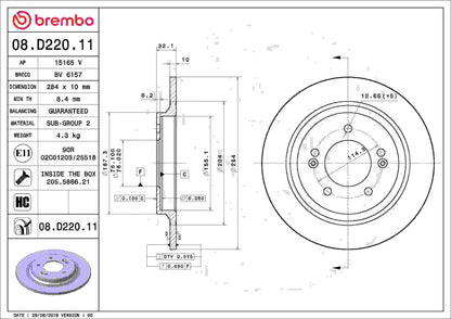 Brembo OE Brembo 16-17 Hyundai Azera/18-20 Elantra GT/13-19 Optima Rear Premium UV Coated OE Equivalent Rotor 08.D220.11