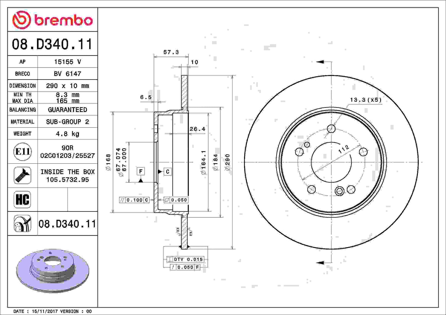 Brembo OE Brembo 1994 Mercedes-Benz SL320/1997 SL320/97-98 SL500 Rear Premium UV Coated OE Equivalent Rotor 08.D340.11