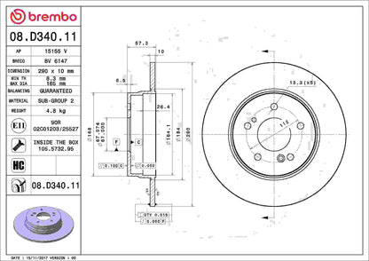 Brembo OE Brembo 1994 Mercedes-Benz SL320/1997 SL320/97-98 SL500 Rear Premium UV Coated OE Equivalent Rotor 08.D340.11
