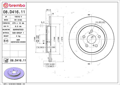 Brembo OE Brembo 11-17 Lexus CT200h Rear Premium UV Coated OE Equivalent Rotor 08.D416.11