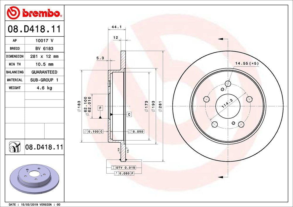 Brembo OE Brembo 19-20 Lexus ES300h/18-20 Toyota C-HR/19-20 RAV4 Rear Premium UV Coated OE Equivalent Rotor 08.D418.11