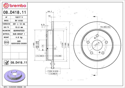 Brembo OE Brembo 19-20 Lexus ES300h/18-20 Toyota C-HR/19-20 RAV4 Rear Premium UV Coated OE Equivalent Rotor 08.D418.11