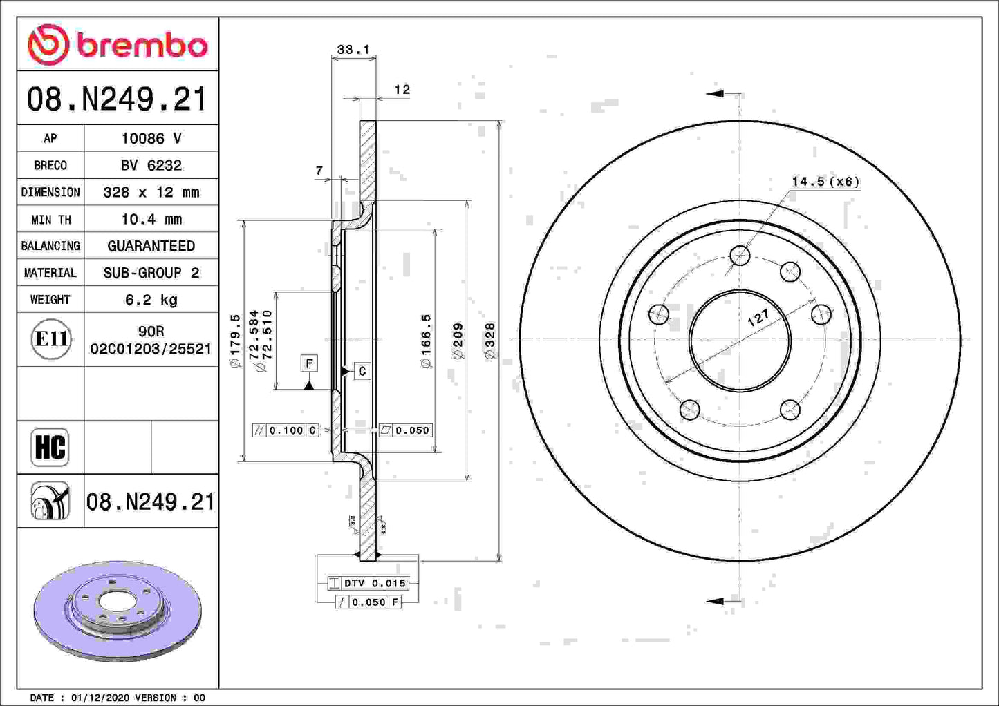 Brembo OE Brembo 13-19 Ford Explorer/Ford Police Interceptor Sedan/13-19 Lincoln MKT Front UV Coated Rotor 08.N249.21